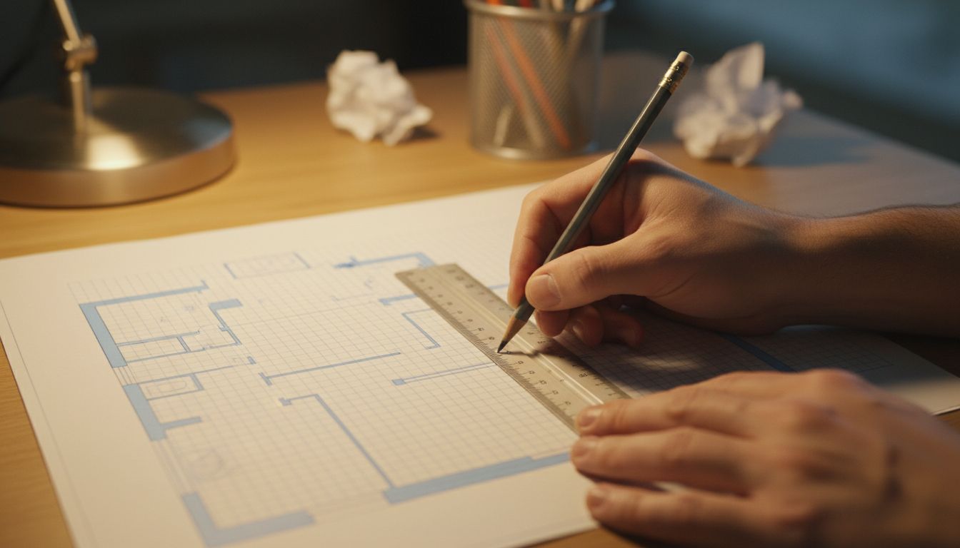 Nahaufnahme von Händen, die mit Lineal und Bleistift einen einfachen Grundriss auf Millimeterpapier zeichnen