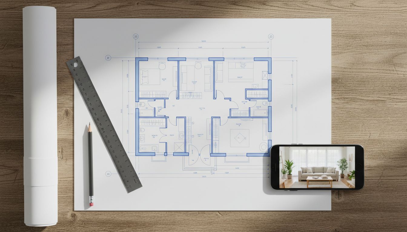 Architektonischer Grundriss-Bauplan auf einem Holztisch neben Lineal und Bleistift, daneben ein Smartphone mit Foto eines echten Wohnzimmers