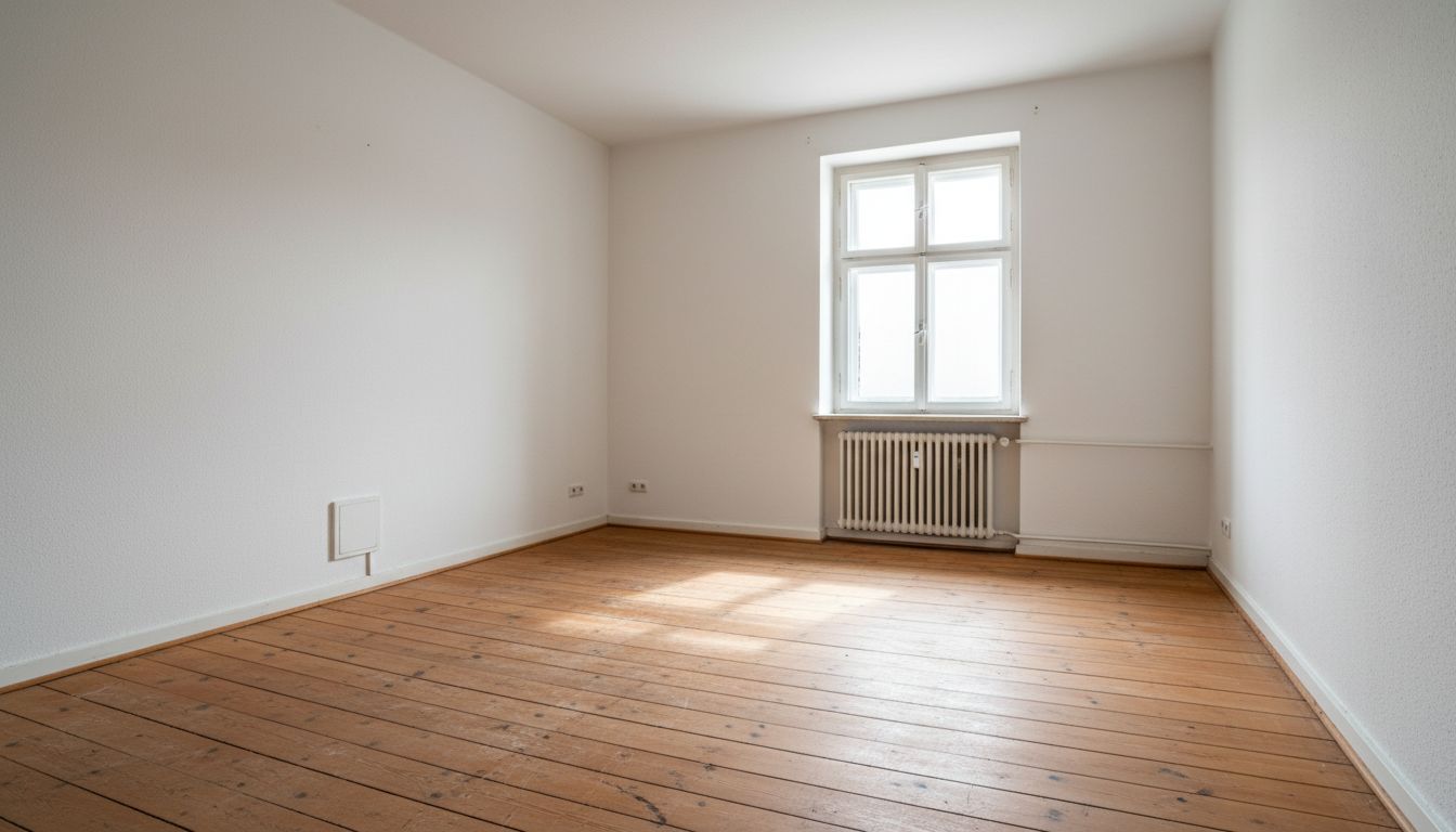 Leerer Raum vor einer Renovierung mit sichtbaren Steckdosen und Wandflächen ohne verdeckende Möbel