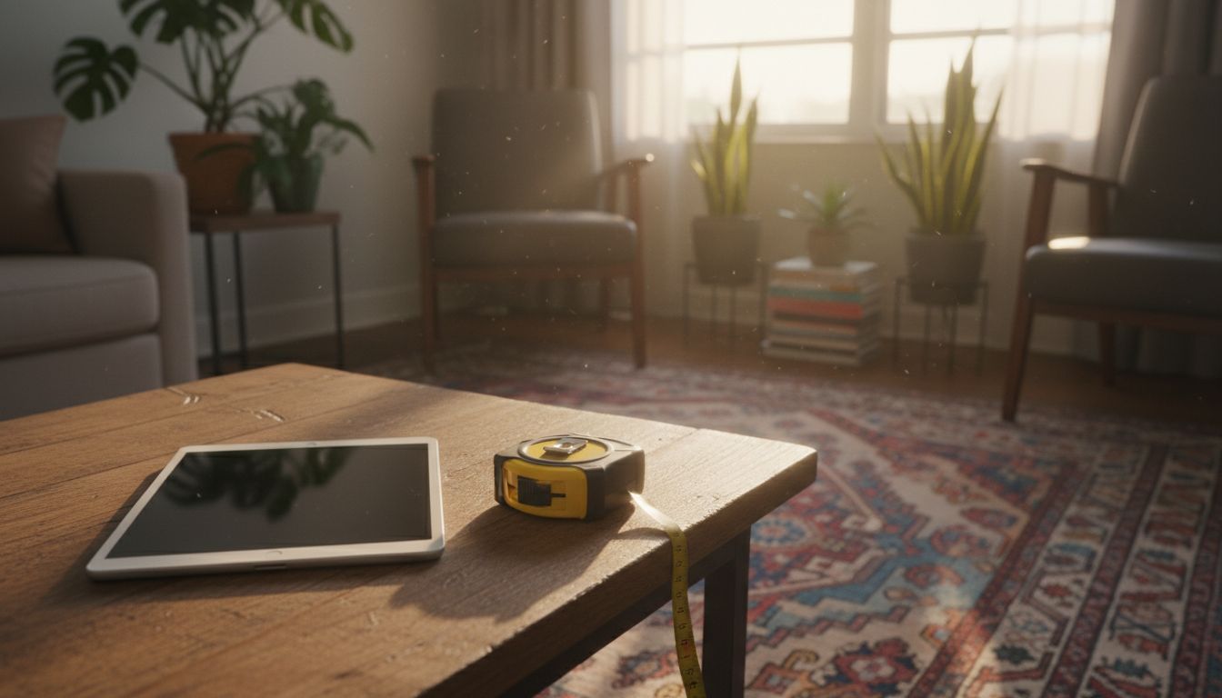 Tablet und Maßband auf einem Holztisch im Wohnzimmer: Maße prüfen Sie trotz Raumgestaltung App weiterhin selbst