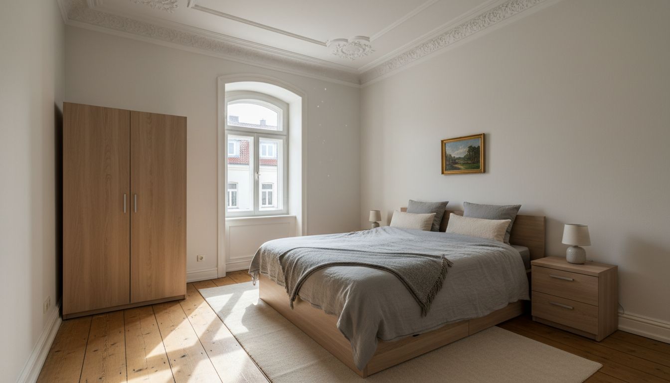 Aufgeräumtes Altbau-Schlafzimmer mit Stuck, Dielenboden und Tageslicht als gutes Ausgangsfoto für eine Raumgestaltung App