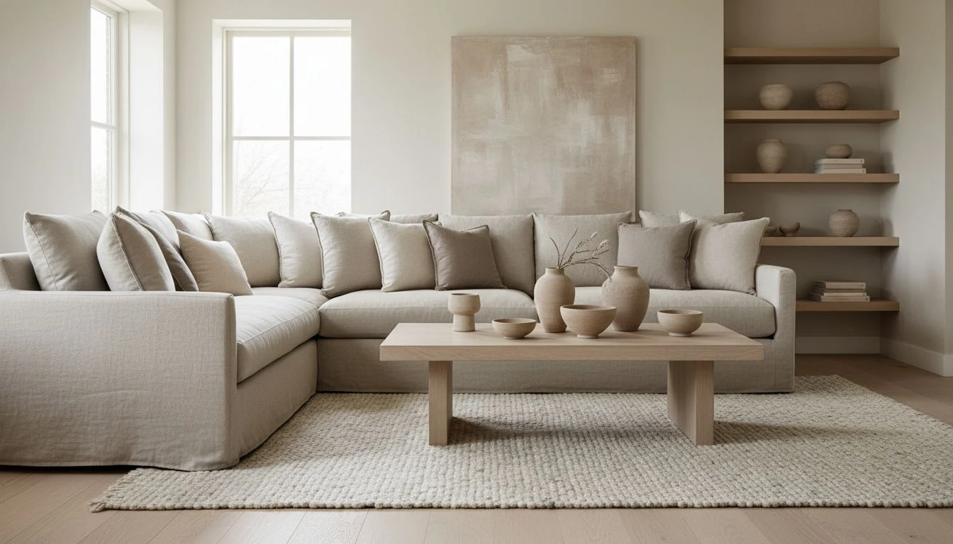 Wohnzimmer mit ruhigem Farbkonzept aus Beige, Greige und hellem Holz sowie natürlichen Materialien und Texturen