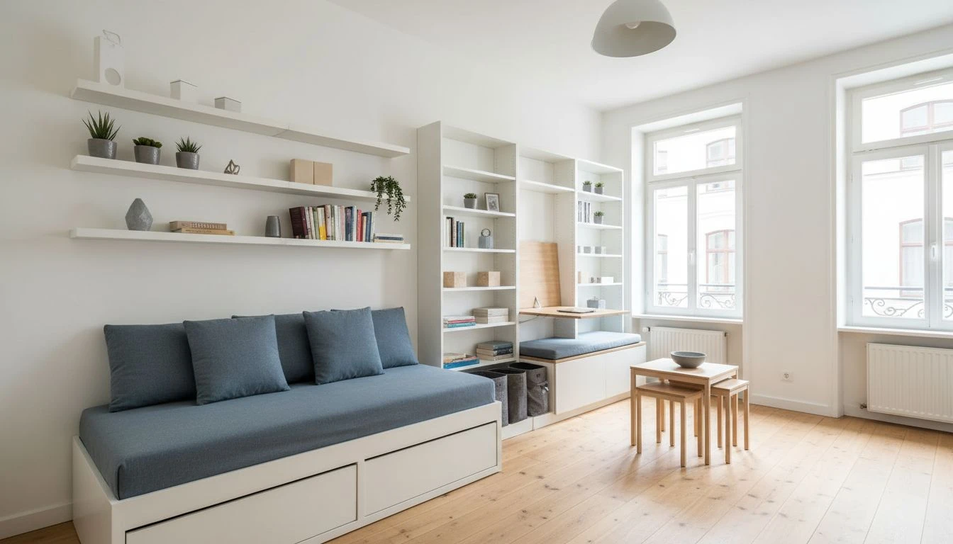 Kleiner heller Raum mit multifunktionalen Möbeln, integriertem Arbeitsplatz, Sitzbank mit Stauraum und wandmontierten Regalen