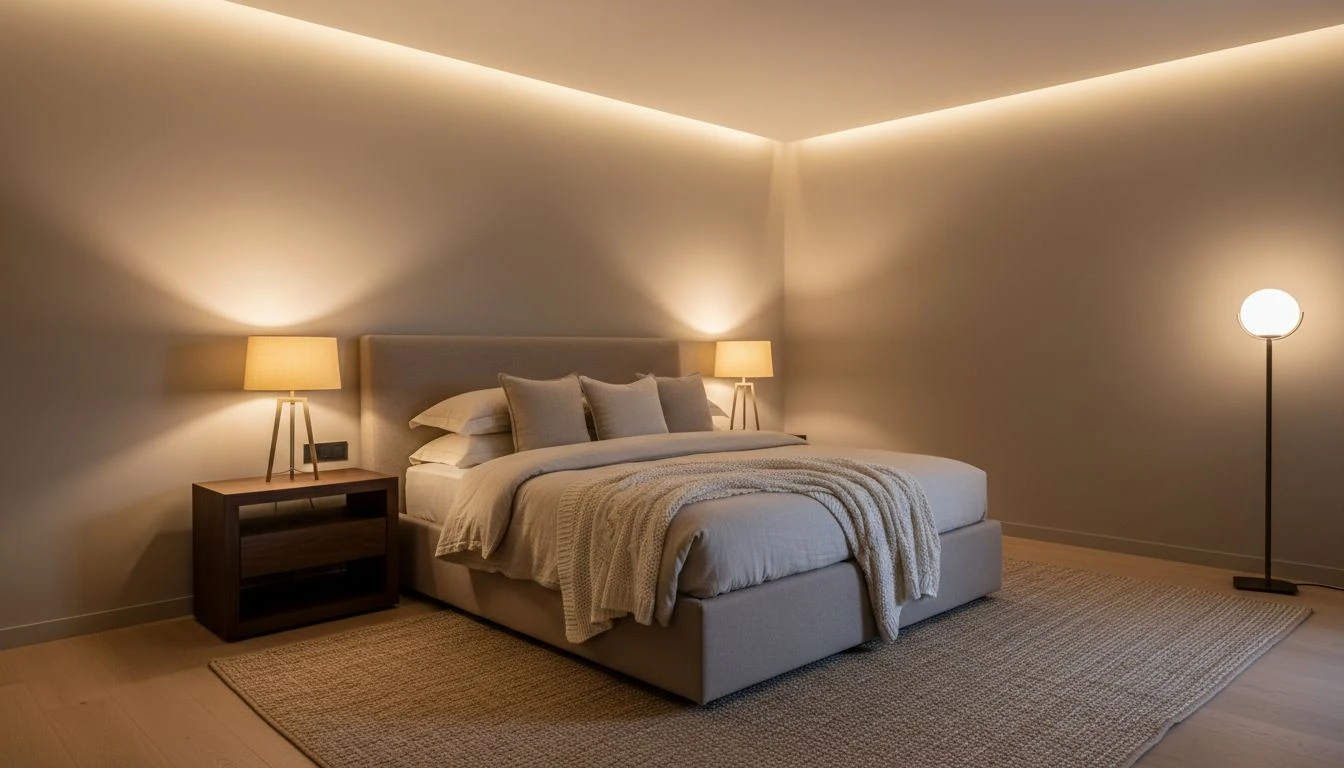 Schlafzimmer mit warmem mehrstufigem Lichtkonzept aus Nachttischlampen, indirekter Beleuchtung und ruhiger Abendstimmung