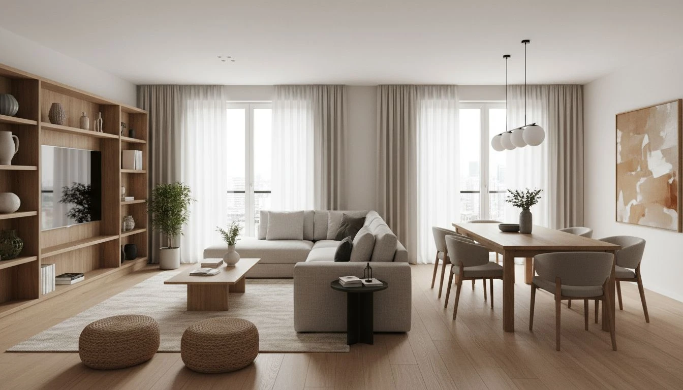 Offener Wohn- und Essbereich mit klarer Zonierung, Teppich im Wohnbereich und Pendelleuchte über dem Esstisch