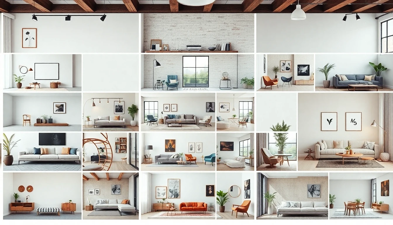 Übersicht verschiedener Einrichtungsstile: skandinavisch, japandi, industrial, boho und modern minimalistisch als Bildkacheln nebeneinander