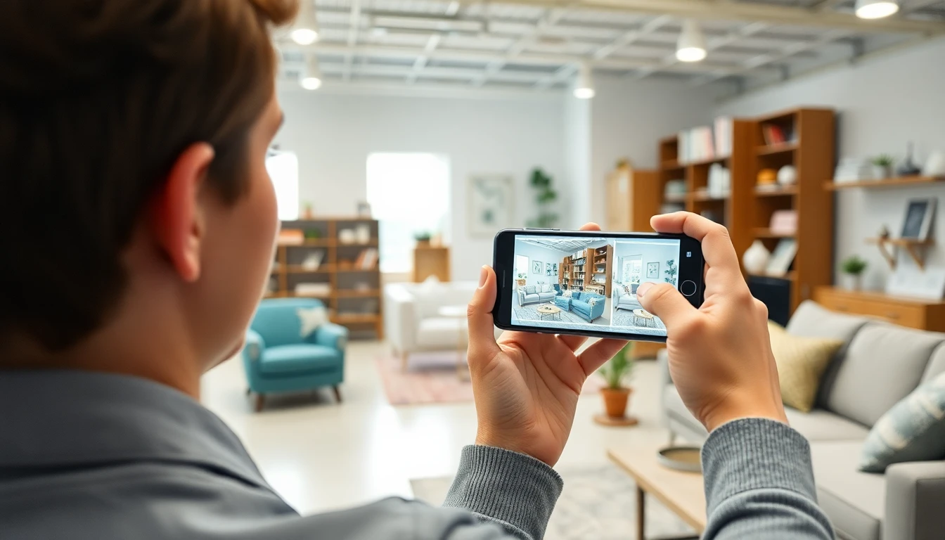 Person nutzt eine Raumplaner App auf dem Smartphone im Möbelhaus und vergleicht ein Sofa mit dem eigenen Wohnzimmer auf dem Display