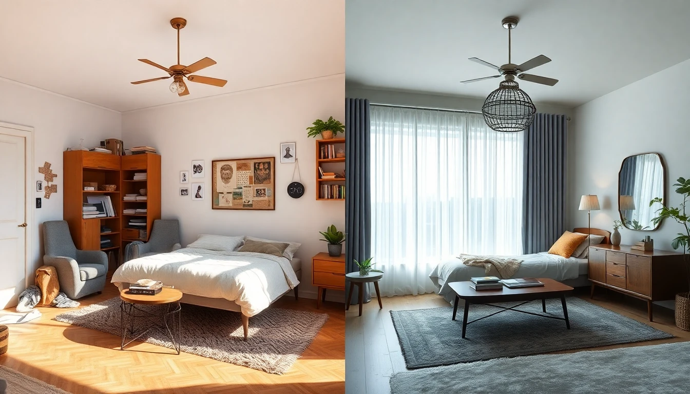 Vorher-Nachher-Vergleich eines Wohnzimmers: links der unveränderte Raum, rechts derselbe Raum mit neuer Einrichtung bei gleichem Fenster und gleichem Blickwinkel