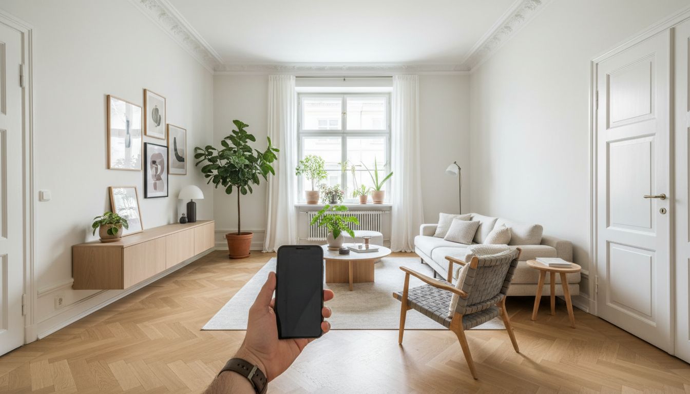 Heller Wohnraum, dessen Foto direkt im Browser für die KI-Raumgestaltung hochgeladen wird, ohne App-Installation