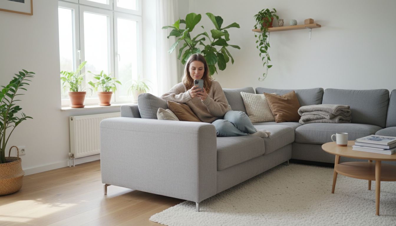 Wohnzimmer, dessen Foto mit dem Smartphone im mobilen Browser für die KI-Raumgestaltung hochgeladen wird