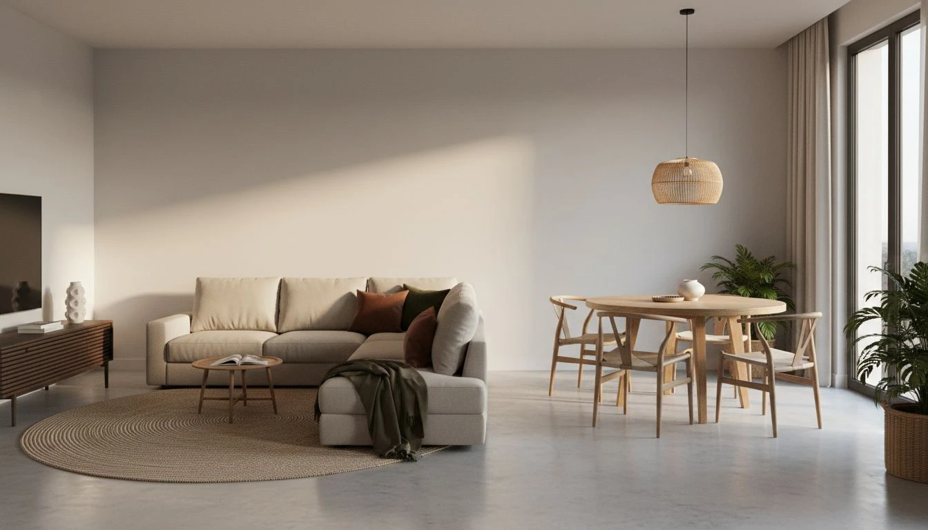 Offenes Wohnzimmer in realistischer 3D-Darstellung mit Sofa, Teppich, Sideboard und klaren Laufwegen für die Raumplanung