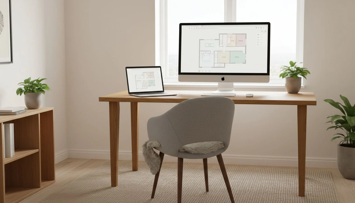 Moderner Arbeitsplatz mit Laptop und großem Monitor, auf denen ein browserbasierter Grundriss für eine Wohnung geplant wird