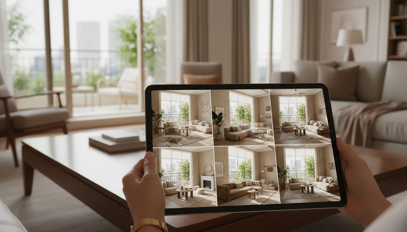 Wohnzimmerfoto auf einem Tablet mit mehreren KI-generierten Stilvarianten in warmen neutralen Farben und klarer Möblierung