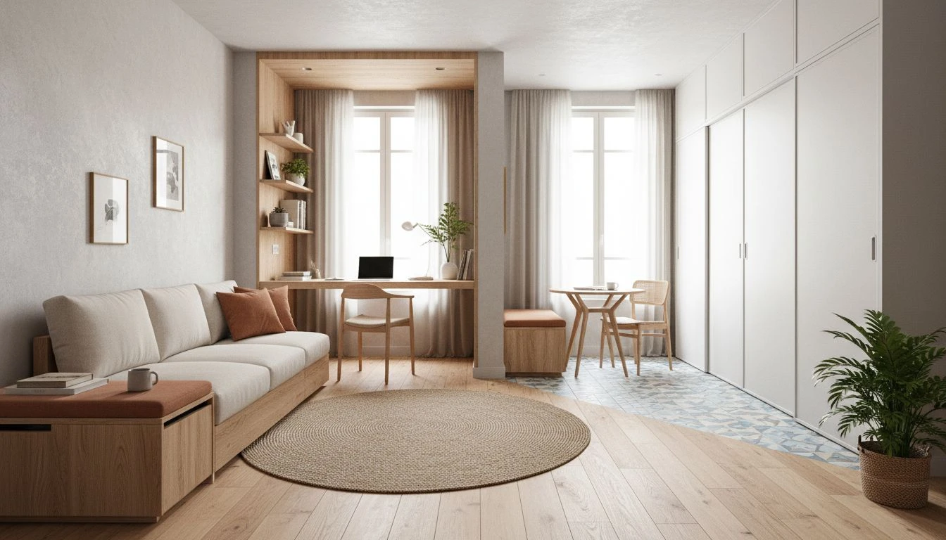 Kleine Wohnung mit multifunktionalem Wohnbereich, integriertem Arbeitsplatz und klar geplanter Möblierung für enge Grundrisse