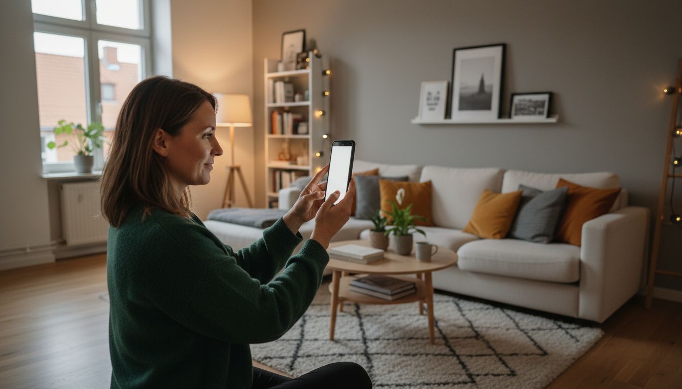 Frau fotografiert ihr eigenes gemütliches Wohnzimmer mit dem Smartphone als Vorlage für eine KI-Raumgestaltung