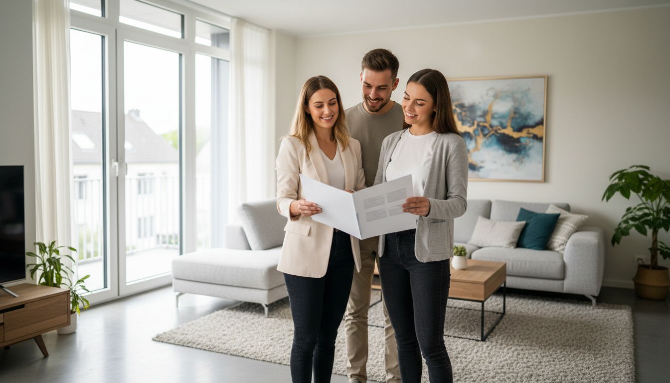 Maklerin zeigt einem jungen Paar ein Immobilien-Exposé mit eingerichtetem Wohnzimmer in einer hellen deutschen Wohnung