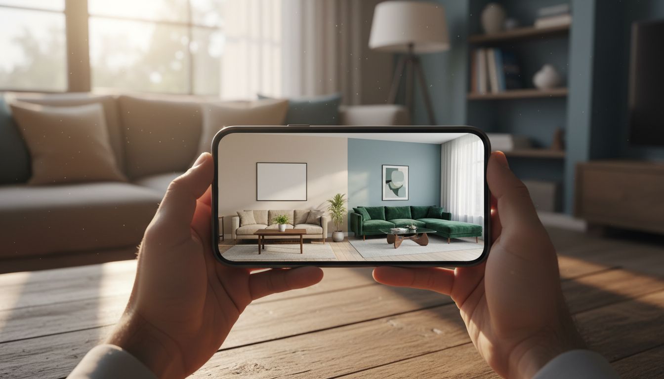 Smartphone-Bildschirm mit abstrakter Vorher-Nachher-Ansicht eines Wohnzimmers auf einem Holztisch