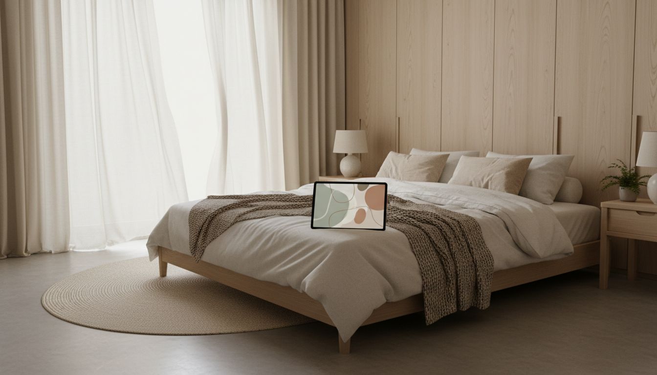 Helles skandinavisches Schlafzimmer mit Tablet auf dem Bett, das eine abstrakte Design-Vorschau zeigt