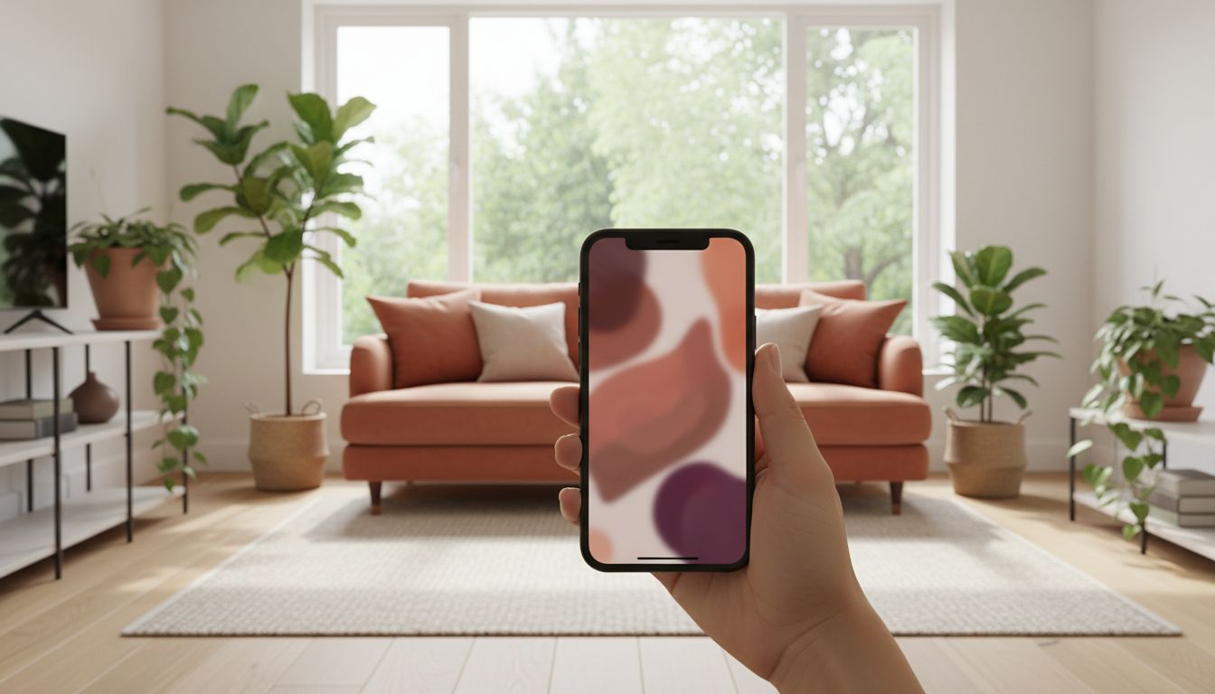 Hand hält Smartphone mit abstrakter Raumgestaltungs-Vorschau vor einem hellen Wohnzimmer mit Terracotta-Sofa