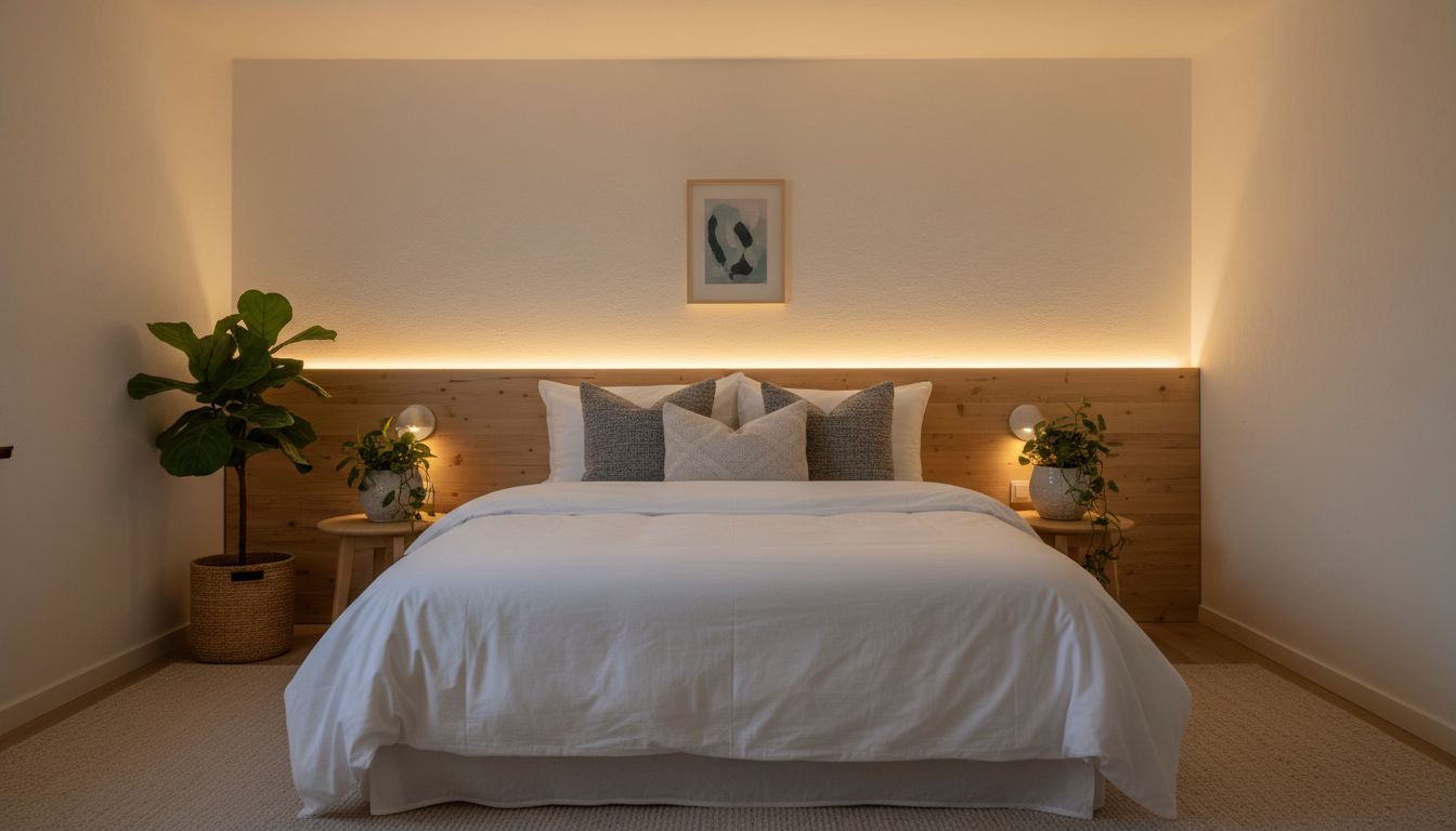 Kleines gemütliches Schlafzimmer mit indirekter LED-Beleuchtung an der Decke und sanftem Licht hinter dem Holz-Kopfteil