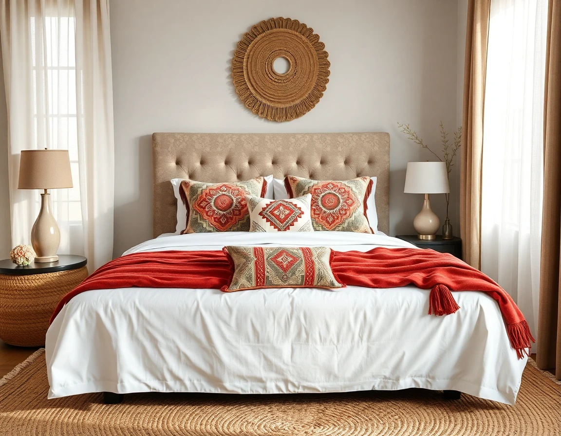 Boho-Schlafzimmer mit niedrigem Holzbett, Leinenbettwäsche in Terrakotta, Makramee-Wandbehang und Rattanleuchte