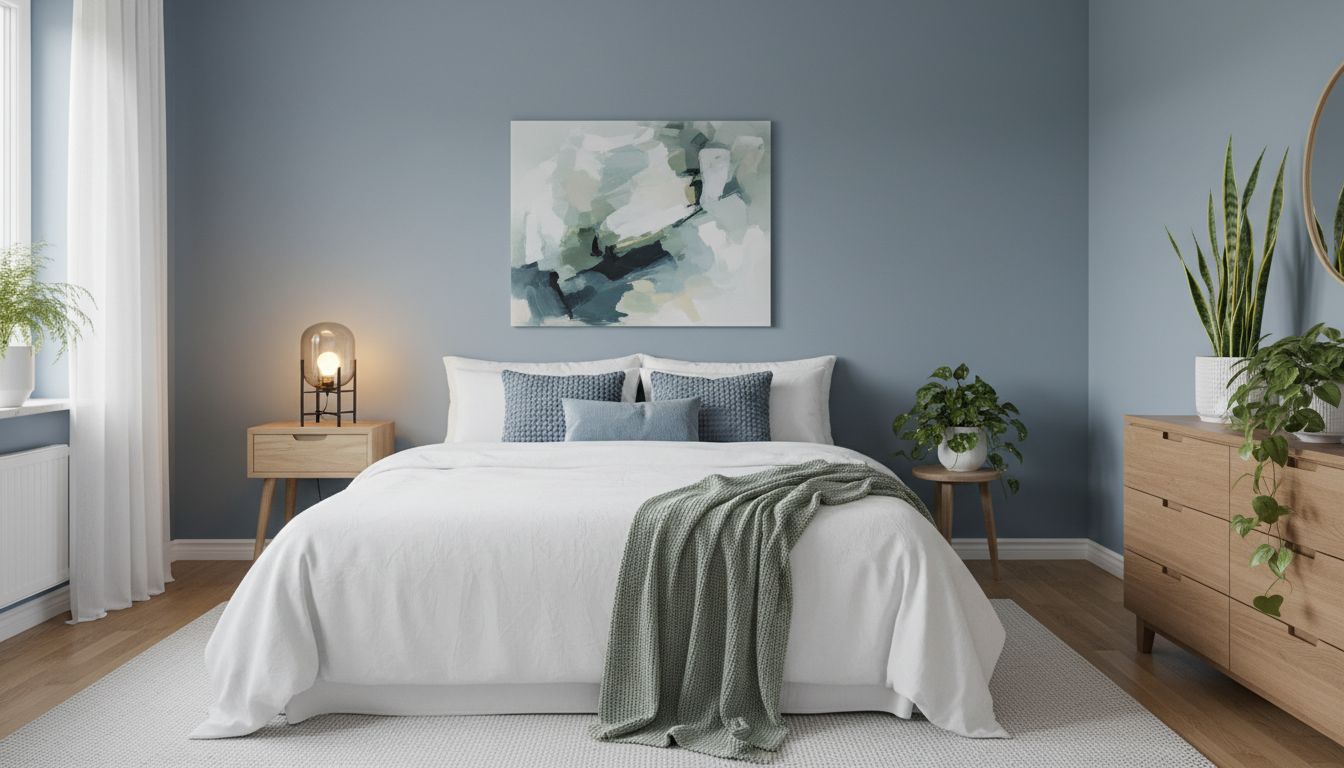 Schlafzimmer mit beruhigenden Farben: Sanftes Blau an den Wänden, grüne Akzente durch Pflanzen, neutrale Textilien