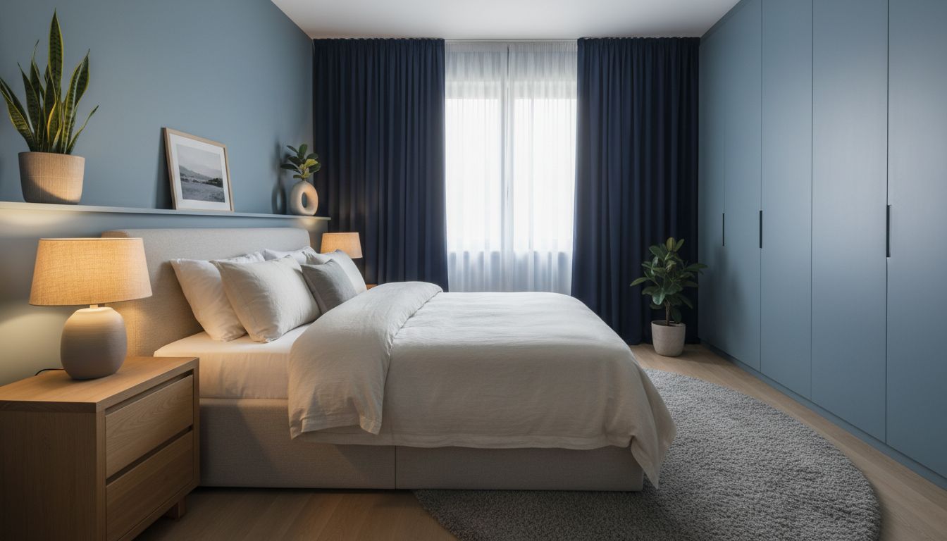 Komplett eingerichtetes Schlafzimmer mit allen wichtigen Elementen: Bett, Nachttische, Beleuchtung, Textilien und beruhigender Atmosphäre