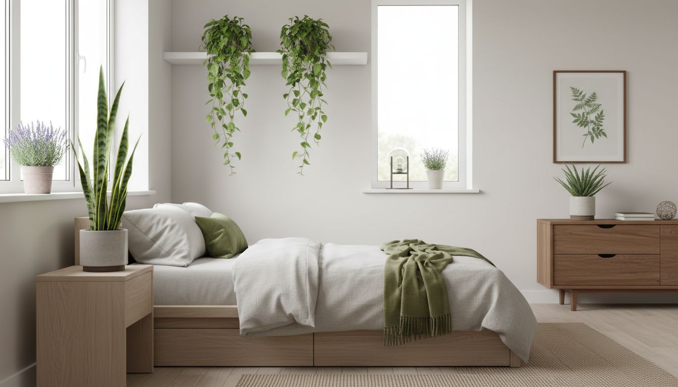 Schlafzimmer mit luftreinigenden Pflanzen: Bogenhanf neben dem Bett, Efeutute am Fenster, Lavendel auf dem Nachttisch