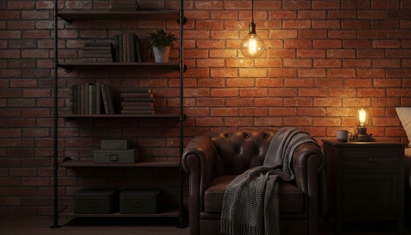 Detailansicht eines Industrial-Schlafzimmers mit schwarzem Stahlregal, Ledersessel und Backsteinwand
