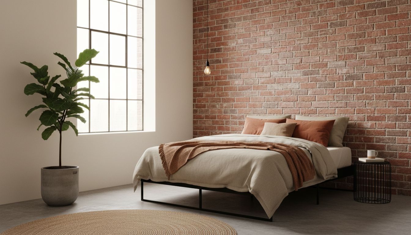 Kleines Industrial-Schlafzimmer mit heller Wandbasis, einer Backsteinakzentwand und Leinenbettwäsche