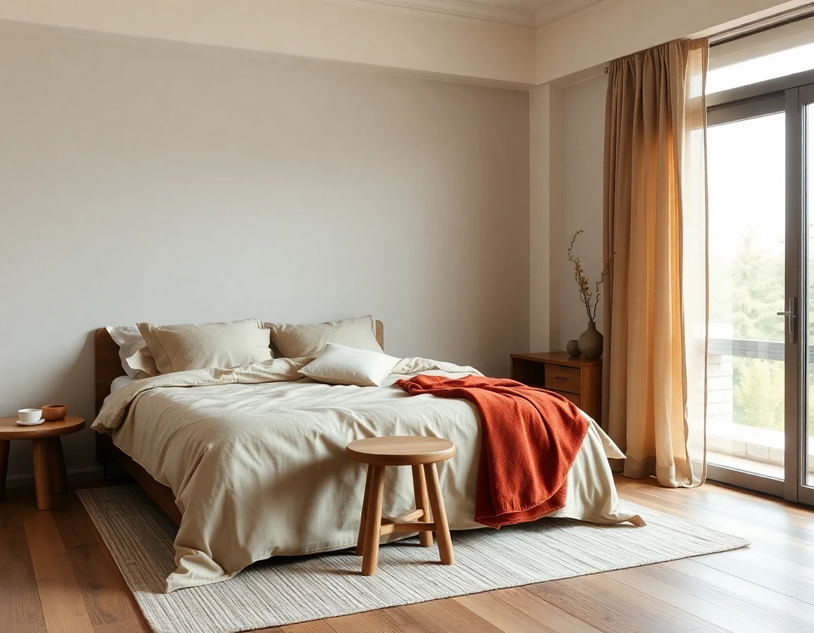 Japandi Schlafzimmer mit niedrigem Eichenbett, Leinenbettwäsche in Sandtönen und Reispapierleuchte