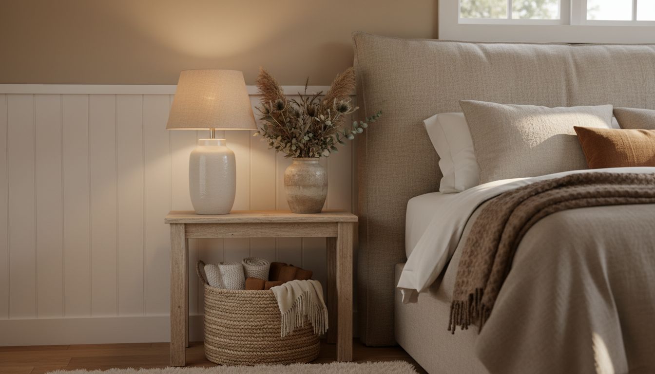 Landhausstil-Schlafzimmer mit halbhoher weißer Wandvertäfelung, Leinenkopfteil und Keramiklampe