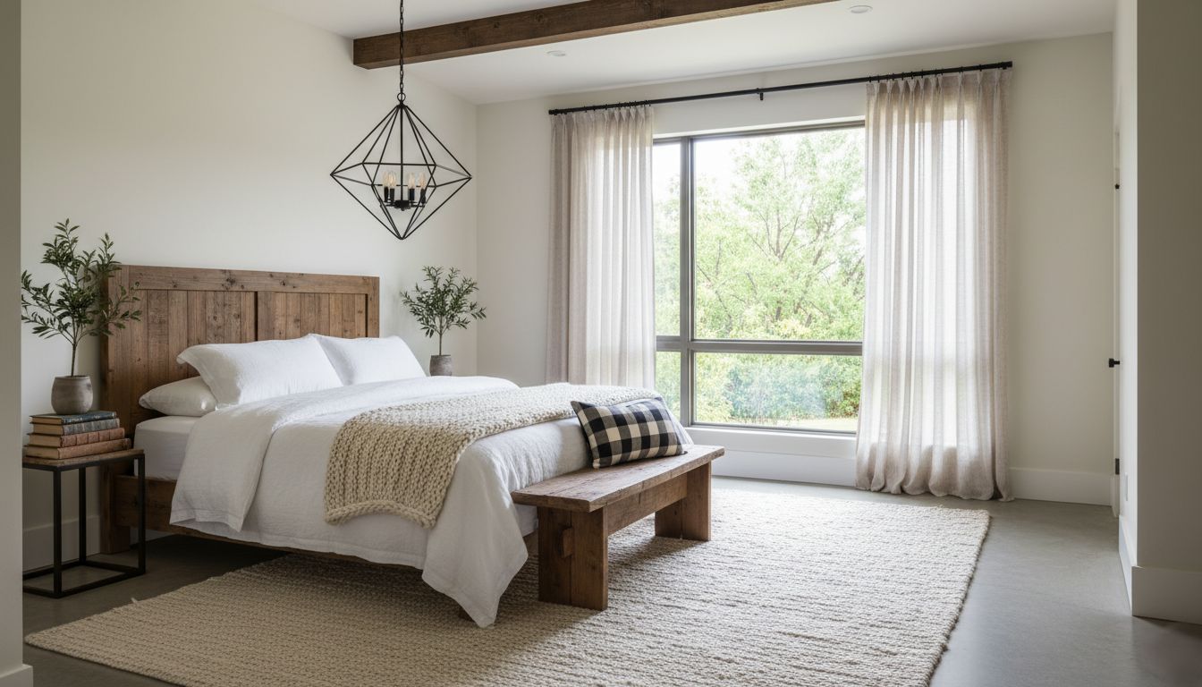 Landhausstil-Schlafzimmer mit Bank am Bettende, kariertem Kissen und schwarzer Pendelleuchte