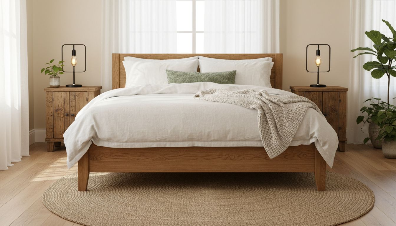 Schlafzimmer im modernen Landhausstil mit Massivholzbett, weißer Leinenbettwäsche und rustikalen Nachttischen