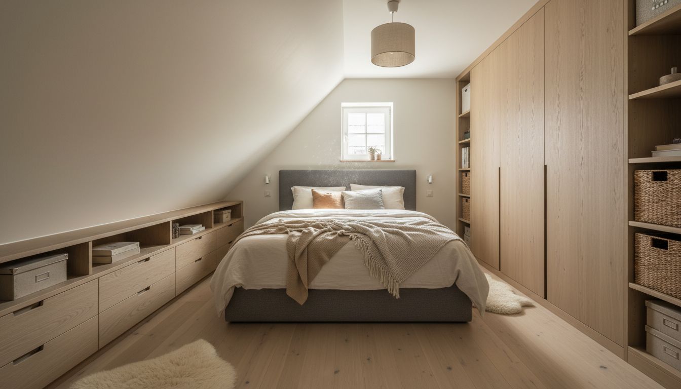Schlafzimmer mit Dachschräge, Einbauschrank und Bett unter dem Fenster, von der KI gestaltet