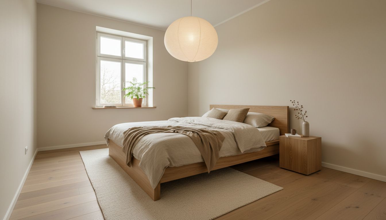 Schlafzimmer im Japandi-Stil mit hellem Holzbett, ruhigen Farben und wenig Dekoration, von der KI gestaltet