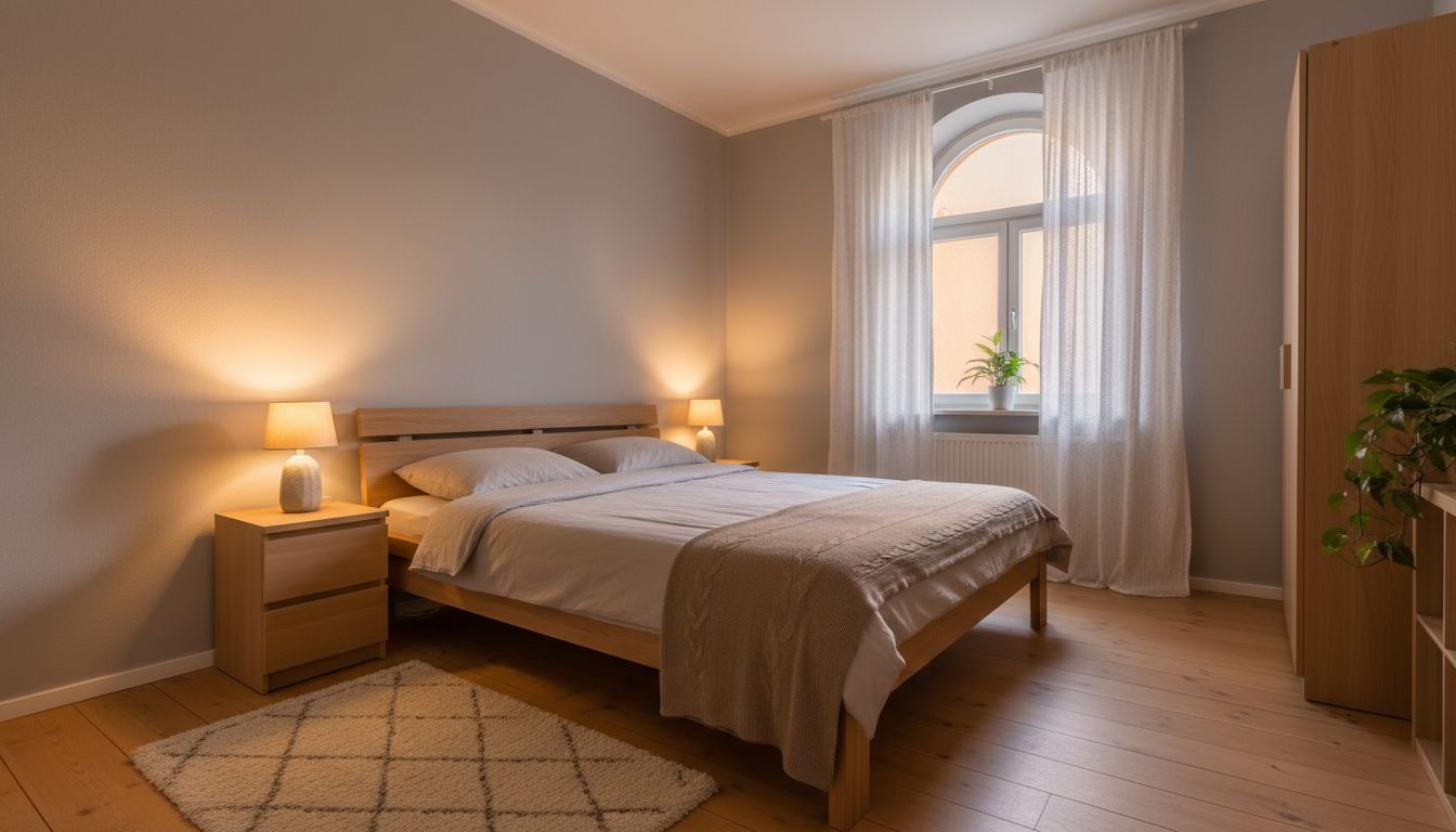 Schlafzimmer neu gestalten ohne neue Möbel: umgestelltes Bett, neue Bettwäsche und warmes Licht am Abend