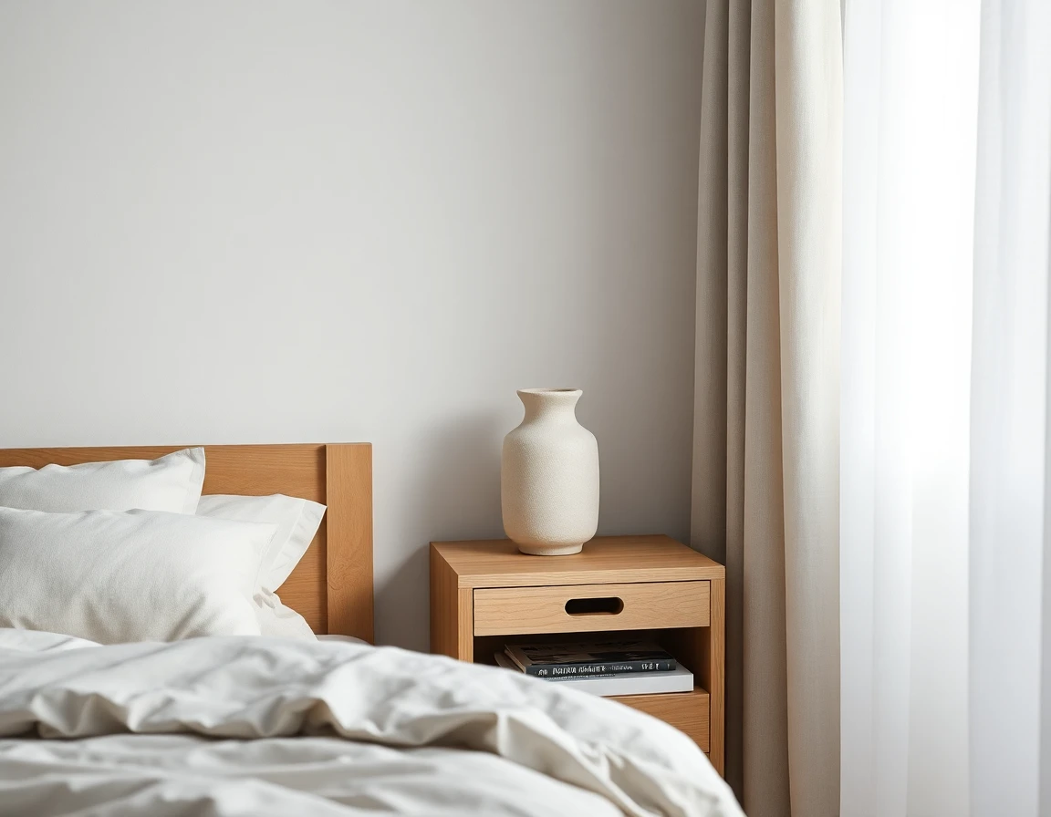 Skandinavisch eingerichtetes Schlafzimmer mit hellem Holzbett, Leinenbettwäsche und Wollplaid