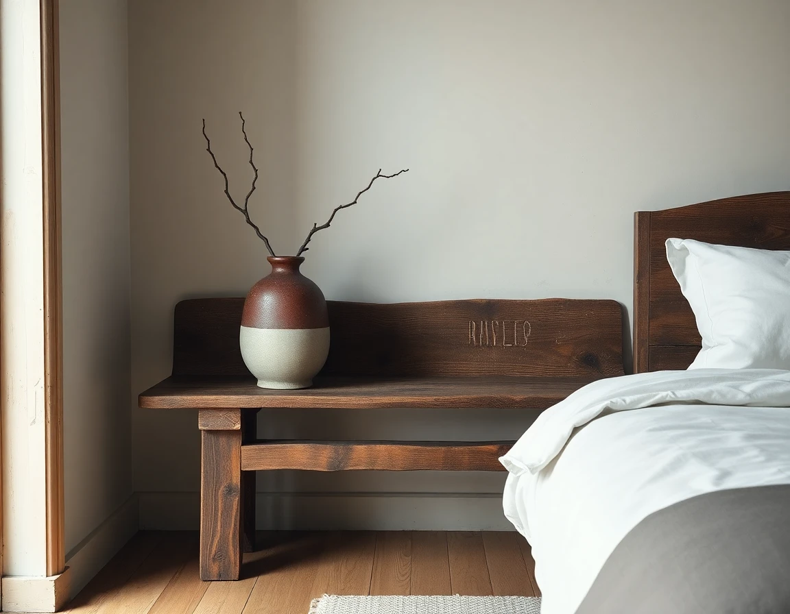 Wabi Sabi Schlafzimmer mit bodennahem Holzbett, geknitterter Leinenbettwäsche in Sand und Limewash-Wand in Greige