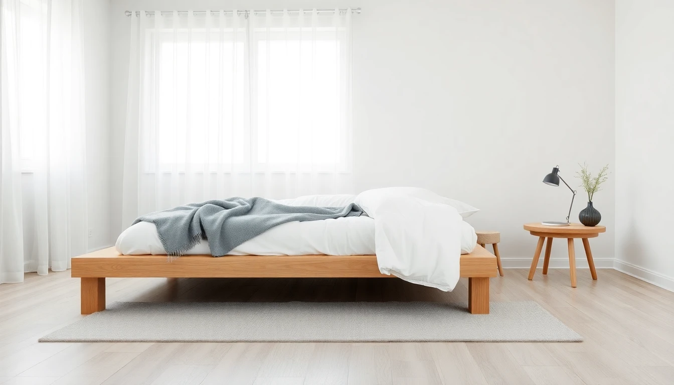 Skandinavisches Schlafzimmer mit hellem Holzbett, weißer Bettwäsche und minimalistischer Dekoration