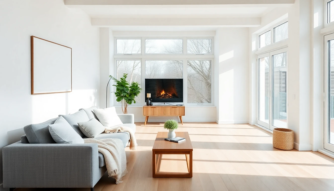 Helles skandinavisches Wohnzimmer mit weißen Wänden, Holzmöbeln und gemütlichen Textilien