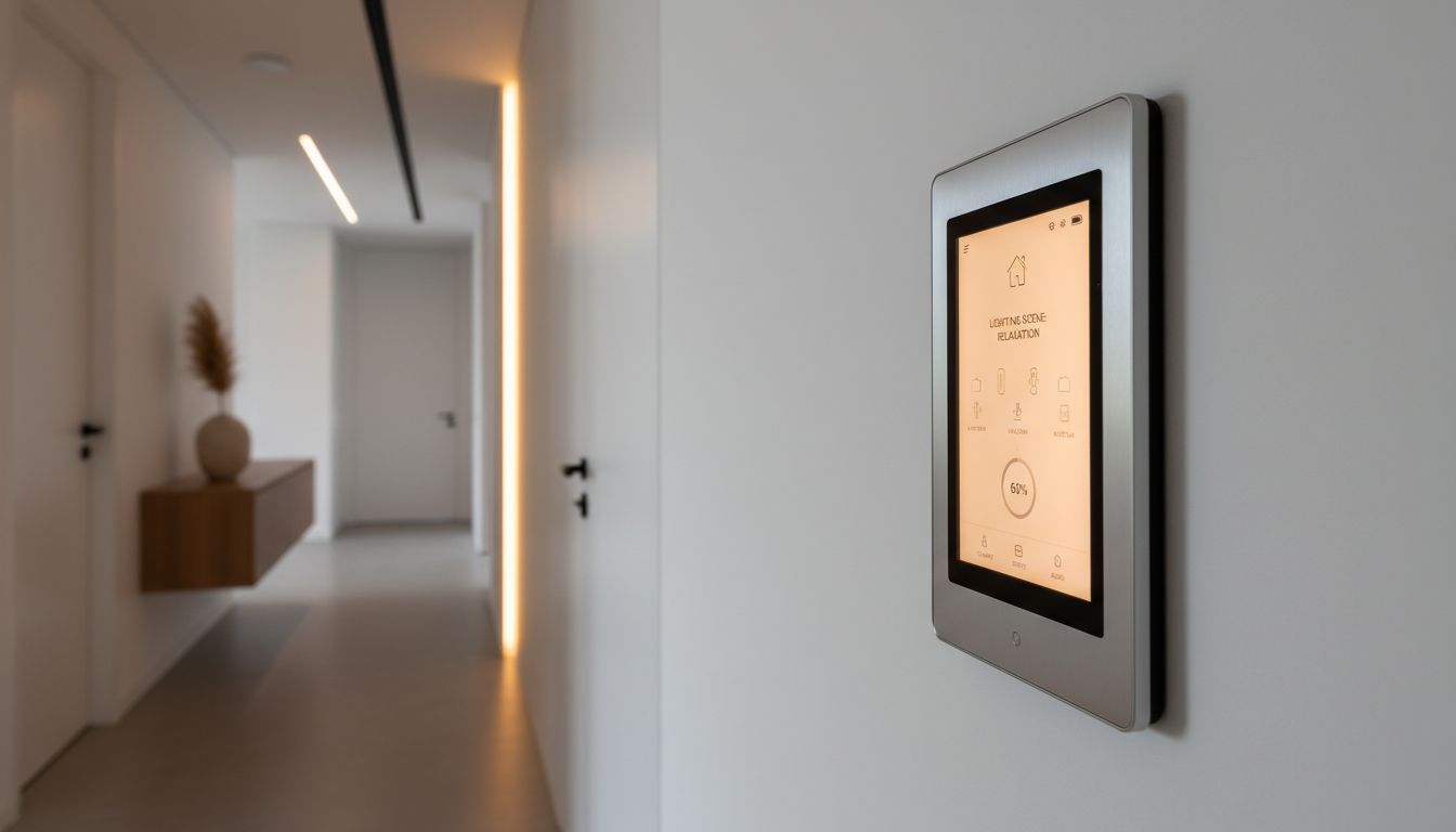Smartes Wandbedienfeld mit Touch-Display für Lichtszenen in einem modernen Flur