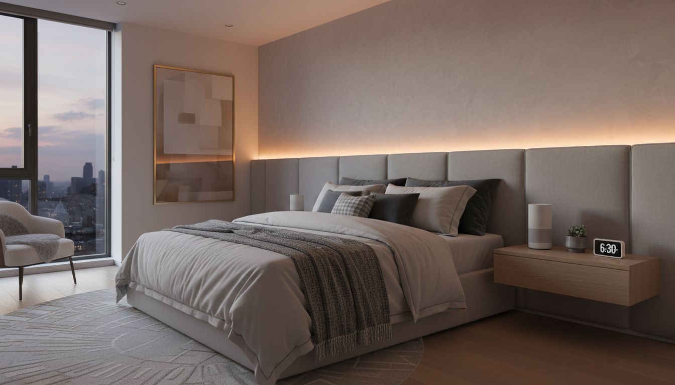 Gemütliches Schlafzimmer mit warmem smarten Lichtband hinter dem Bett und smartem Lautsprecher auf dem Nachttisch