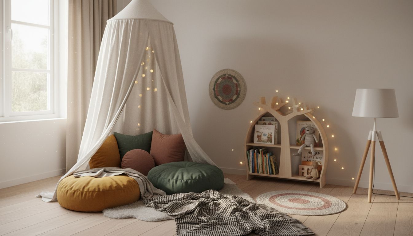 Gemütliche Leseecke im Spielzimmer mit Kissen, Zelt und Bücherregal