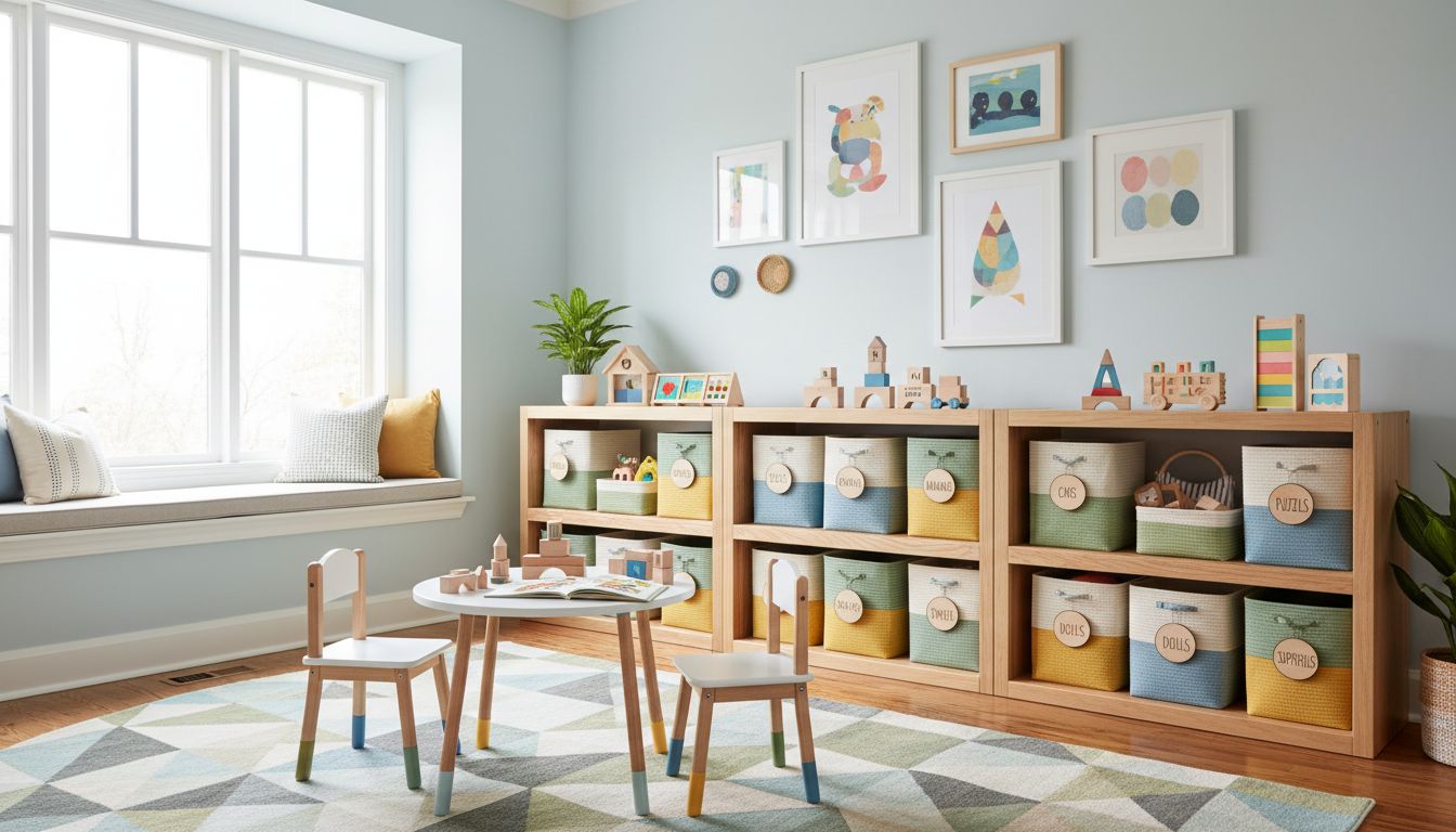 Ordentlich organisiertes Spielzimmer mit offenen Regalen, beschrifteten Boxen und kleinem Tisch