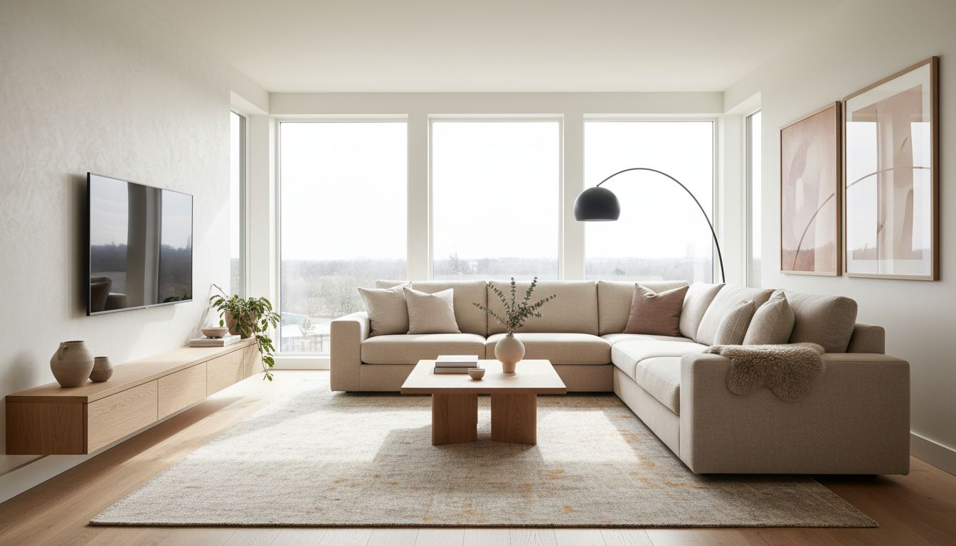 Modernes Wohnzimmer mit großem, hellem Teppich unter Sofa und Couchtisch, warmes Tageslicht
