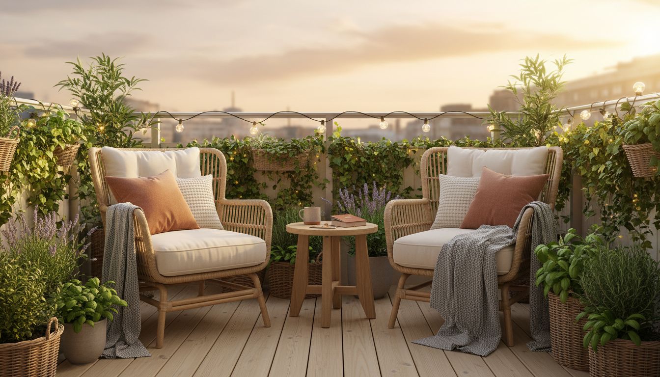 Gemütliche Lounge-Ecke auf der Terrasse mit Rattansesseln, weichen Outdoor-Kissen, Beistelltisch und Topfpflanzen im warmen Abendlicht