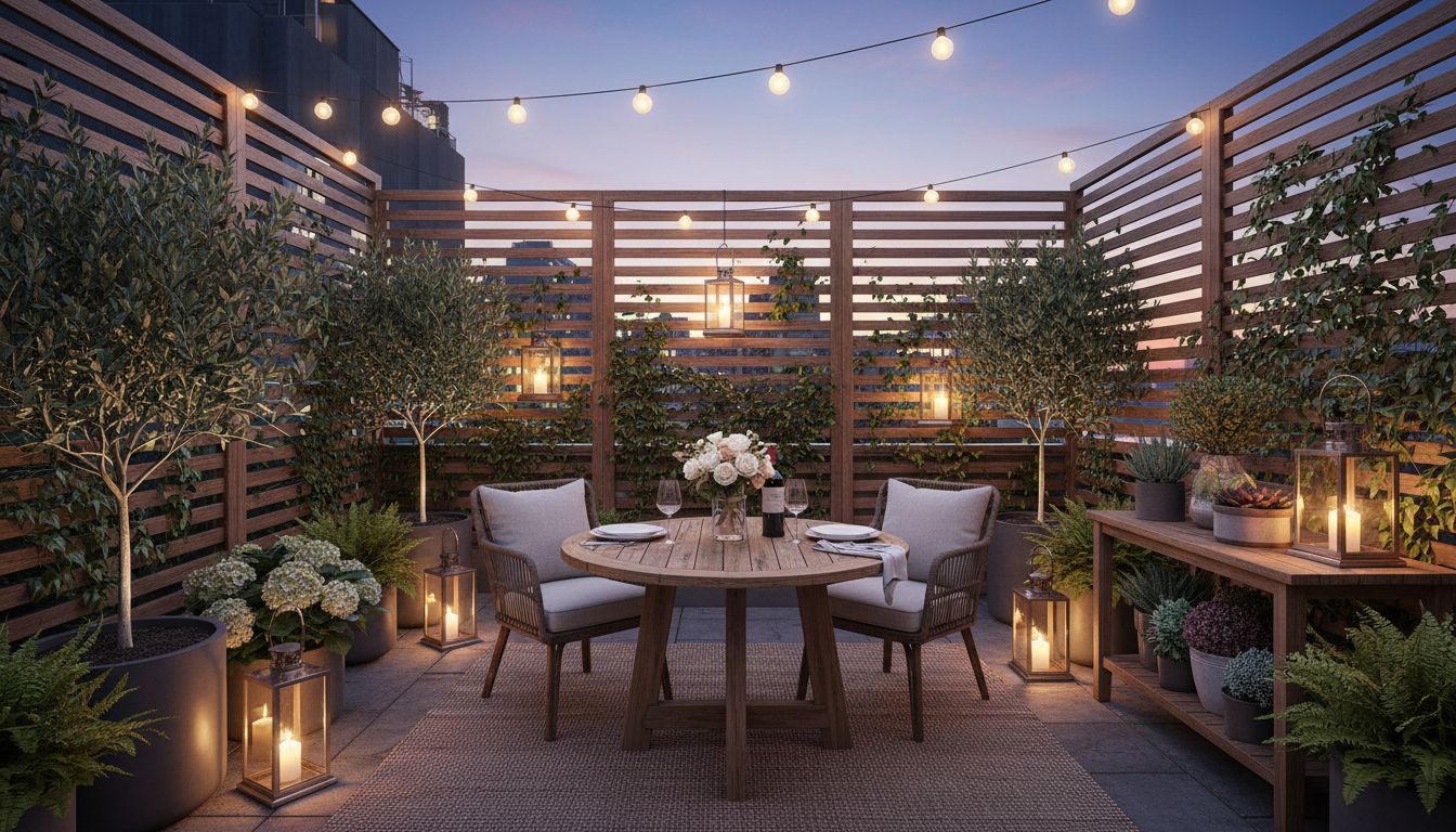 Kleine städtische Terrasse am Abend mit warmen Lichterketten, gedecktem Esstisch, Topfpflanzen und Sichtschutz aus Holz