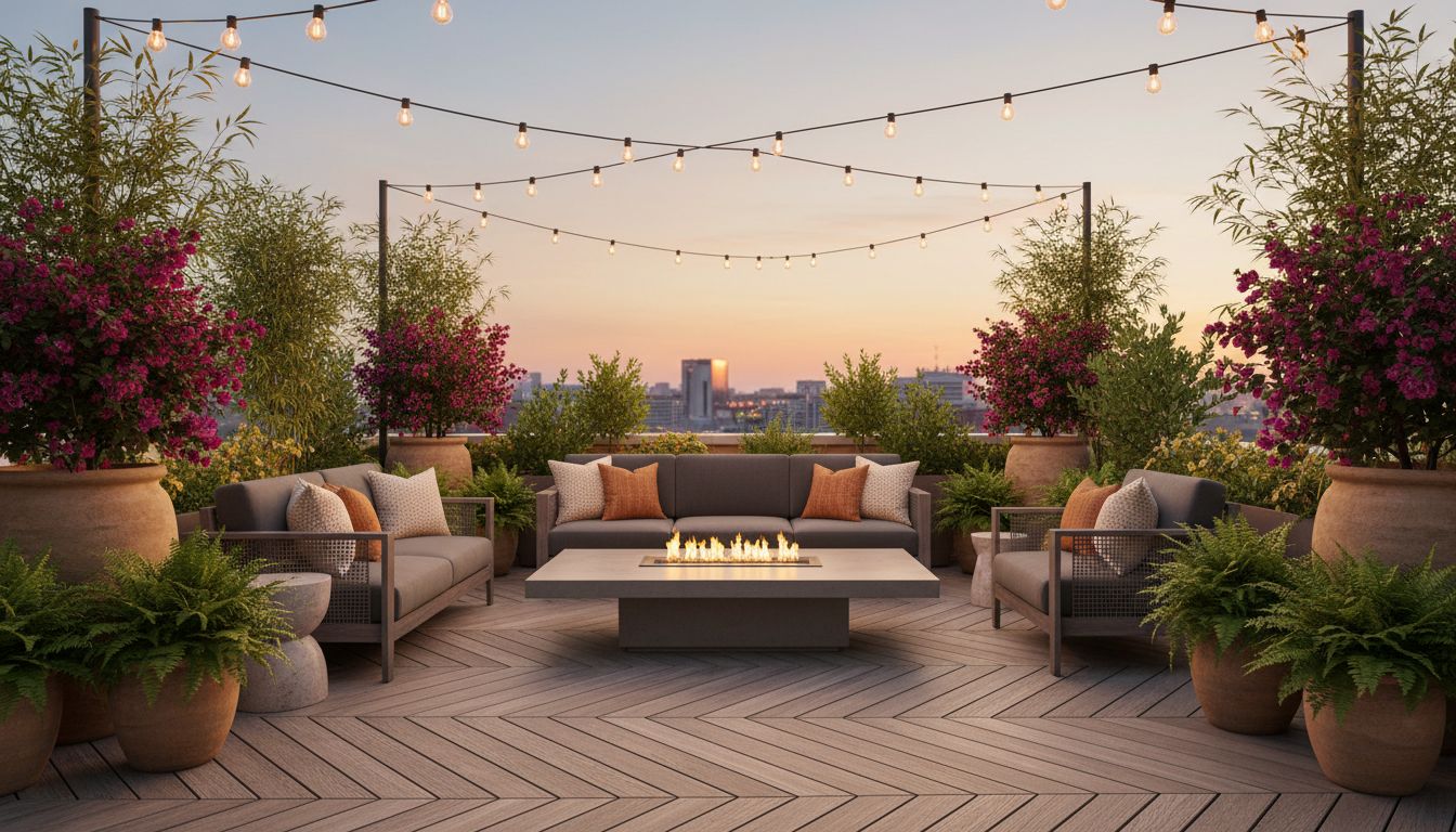 Moderne Terrasse mit Lounge-Möbeln, Holzdielen, Topfpflanzen und warmer Abendbeleuchtung mit Lichterketten