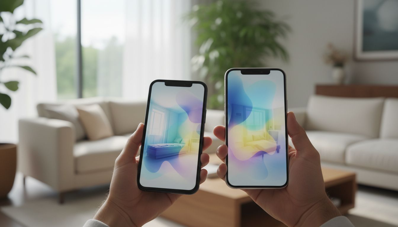 Zwei Hände halten zwei Smartphones nebeneinander mit abstrakten Raumgestaltungs-Vorschauen vor einem hellen Wohnzimmer